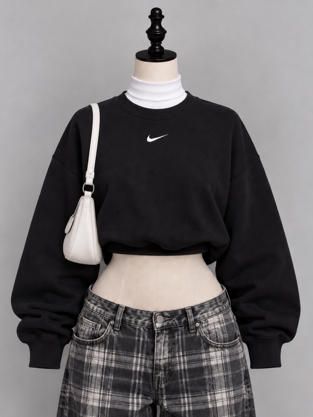 Nike Phoenix Fleece Oversized Center Mini Swoosh Crewneck Sweatshirt Black XS